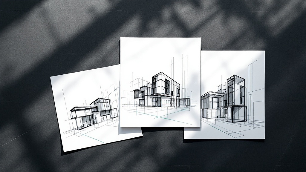 Architektonische Skizzen auf dunklem Schreibtisch